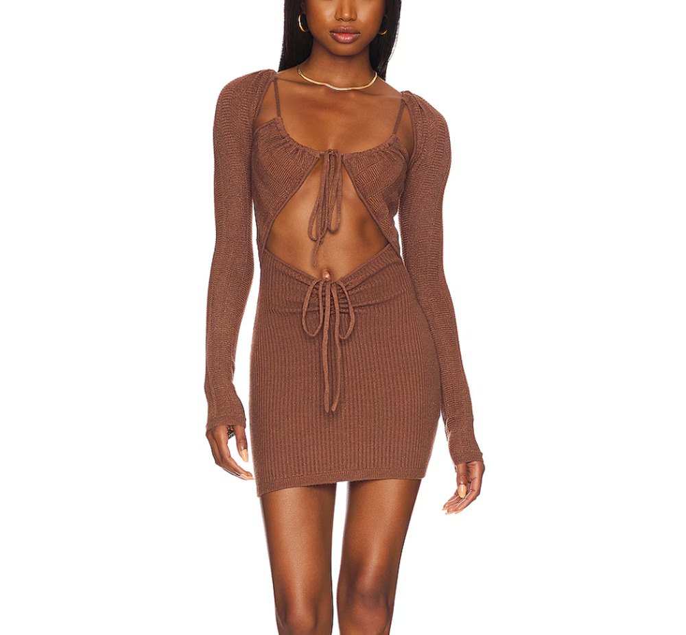 h:ours Willa Brown Ribbed Knit Wrap Front Mini Dress Long Sleeve Size M Cutout